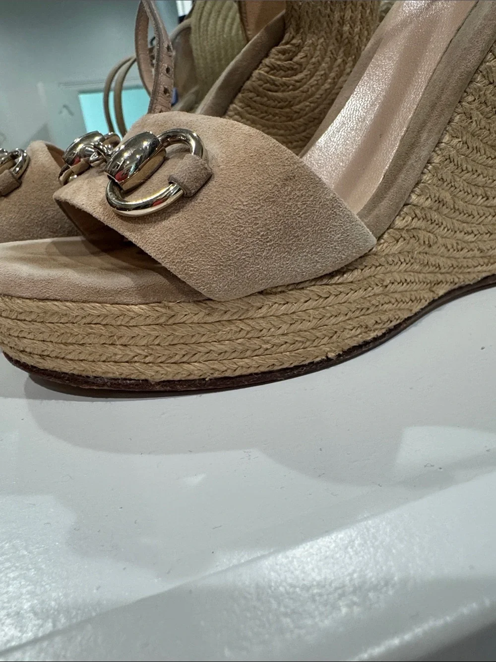 Gucci Tan Suede Wedge Sandals with Gold Horsebit